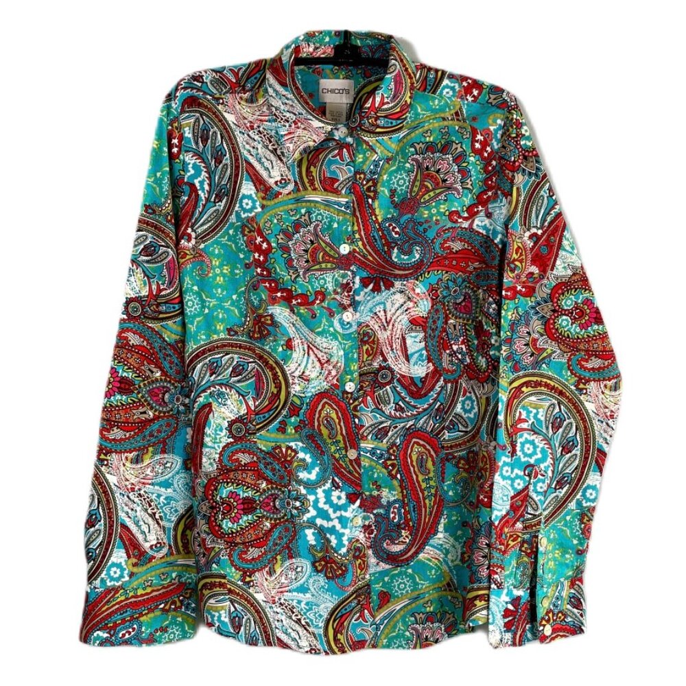 CHICO'S Jewel-Tone Paisley Long-Sleeve Button-Down Blouse - Size 0 (S)